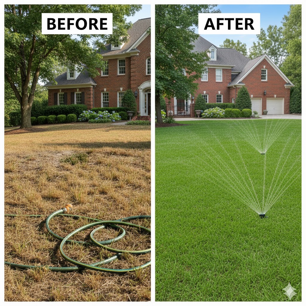 Before and after comparison: Left shows brown dry grass with garden hose, right shows lush green lawn with sprinkler system